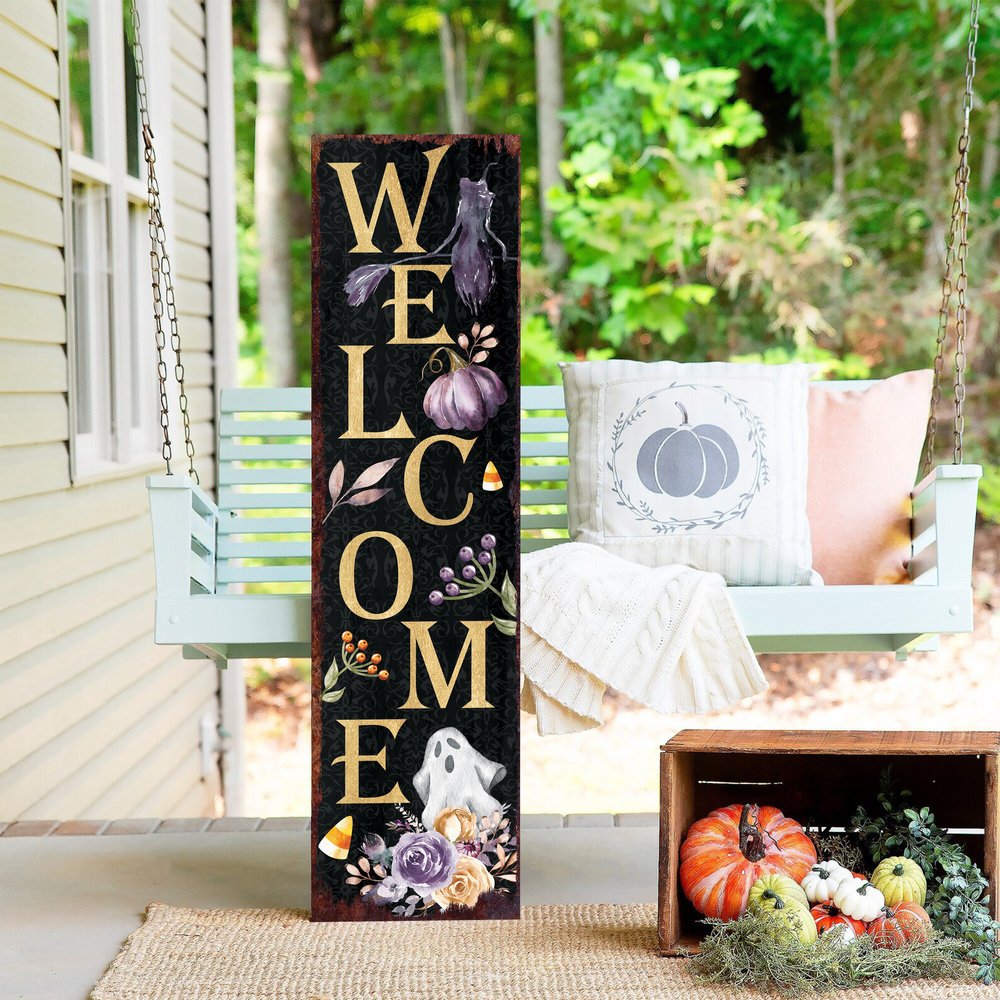 36" Black Gold And Purple Halloween Ghost Solid Wood Porch Sign HomeRoots