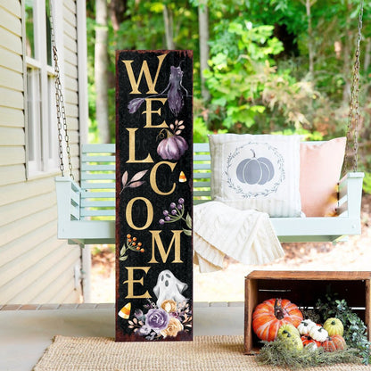 36" Black Gold And Purple Halloween Ghost Solid Wood Porch Sign HomeRoots