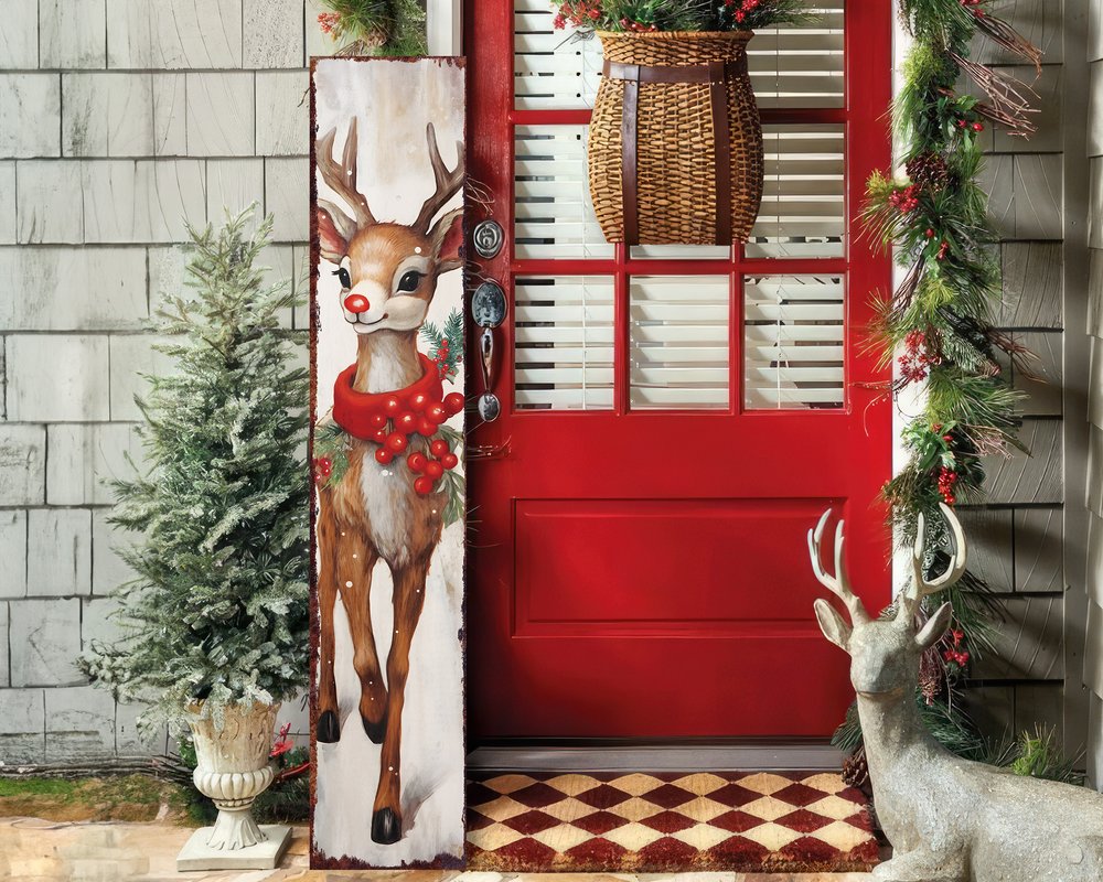 48" White Green And Red Christmas Reindeer Solid Wood Porch Sign HomeRoots