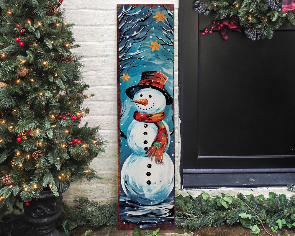 36" Blue White And Red Christmas Snowman Solid Wood Porch Sign HomeRoots