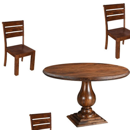 Five Piece Brown Round Solid Wood Dining Set with Four Chairs HomeRoots