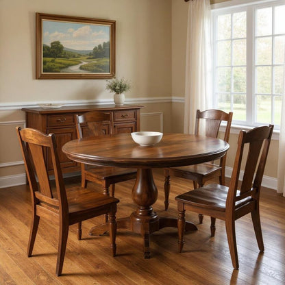 Five Piece Brown Round Solid Wood Dining Set with Four Chairs HomeRoots