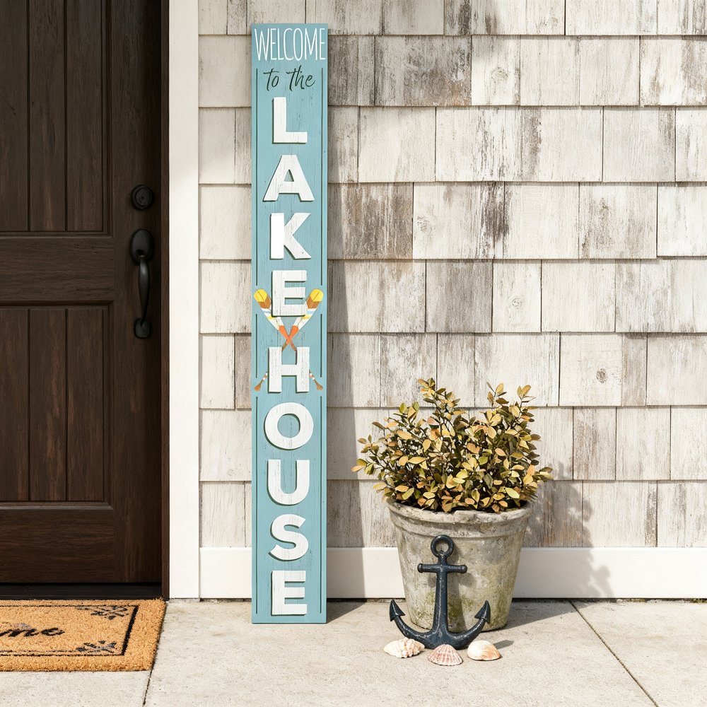 72" Blue And White Solid Wood Welcome To The Lake House Porch Sign HomeRoots