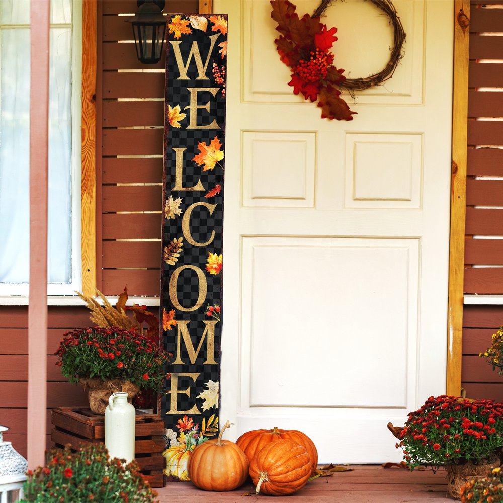 72" Black Gold And Orange Solid Wood Welcome Leaves Porch Sign HomeRoots
