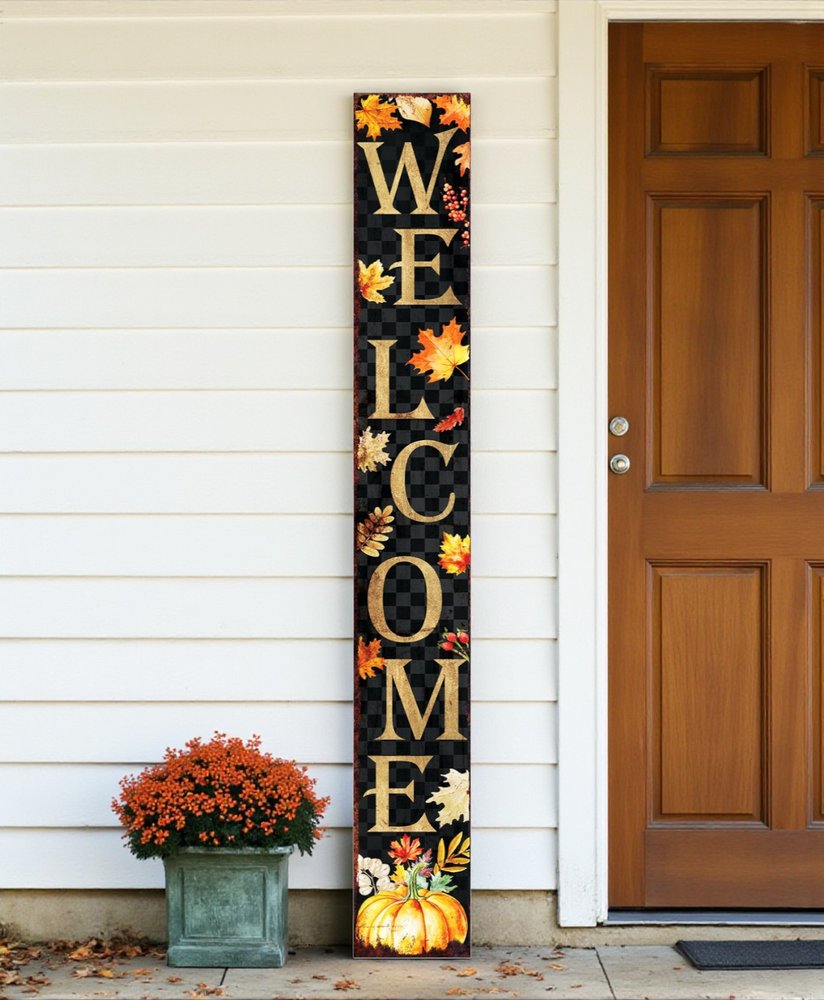 72" Black Gold And Orange Solid Wood Welcome Leaves Porch Sign HomeRoots