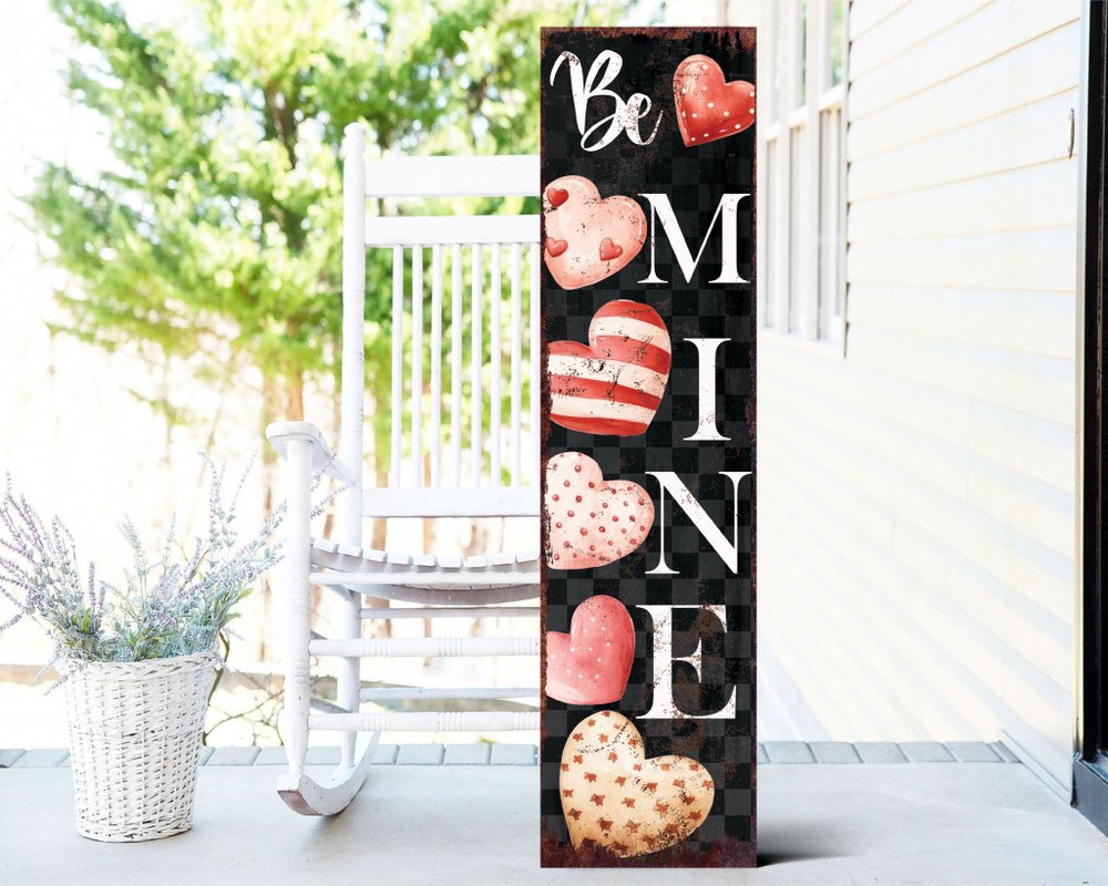 36" Black White And Pink Solid Wood Be Mine Valentine's Day Porch Sign HomeRoots