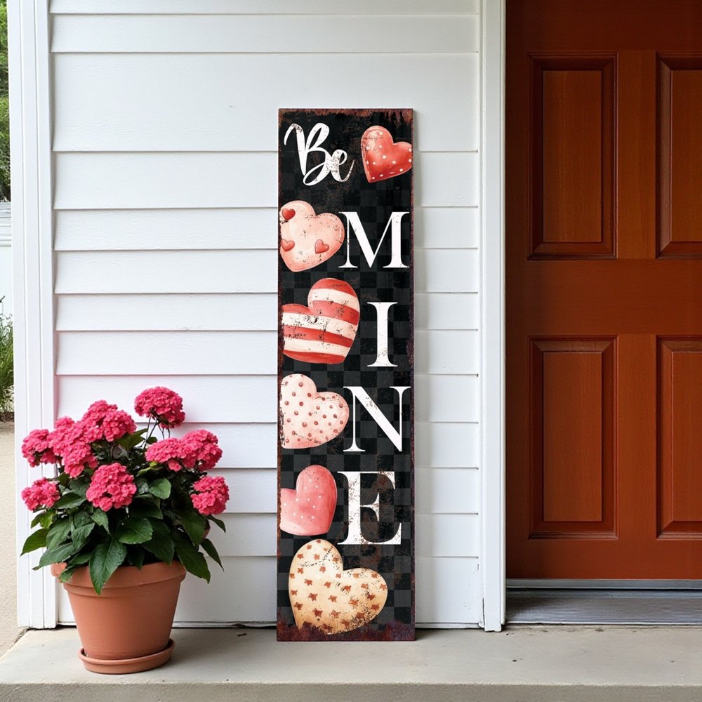 36" Black White And Pink Solid Wood Be Mine Valentine's Day Porch Sign HomeRoots