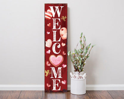 36" Pink Red And White Solid Wood Welcome Valentine's Day Porch Sign HomeRoots