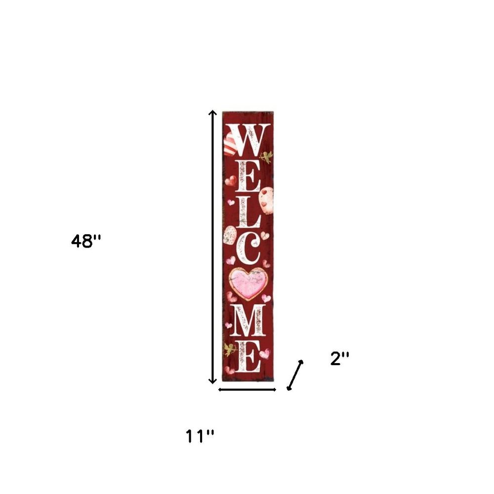 48" Red And White Solid Wood Valentine's Day Heart Welcome Porch Sign HomeRoots