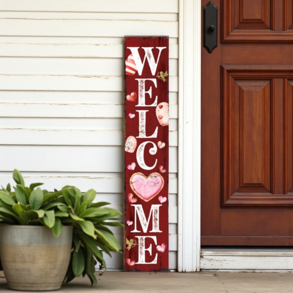 48" Red And White Solid Wood Valentine's Day Heart Welcome Porch Sign HomeRoots