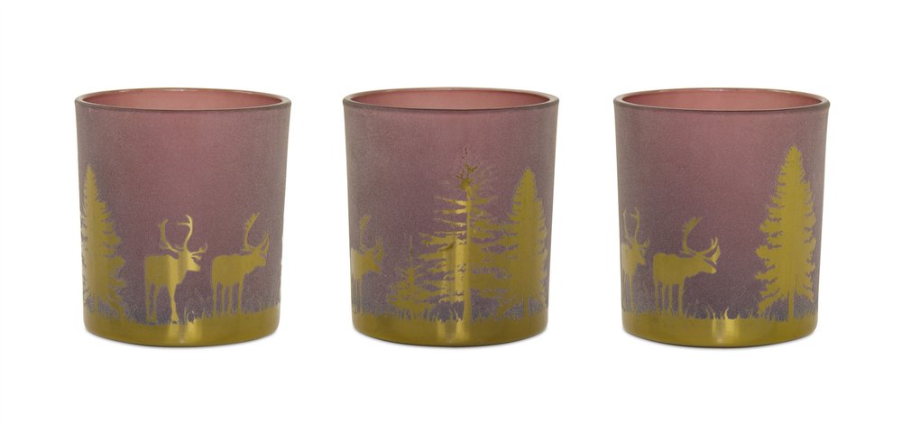 Set of Three Red And Gold Distressed Abstract Glass Tabletop Votive Candle Holders HomeRoots