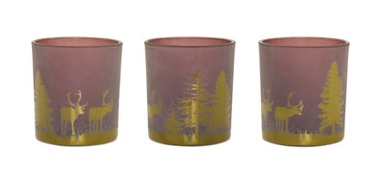 Set of Three Red And Gold Distressed Abstract Glass Tabletop Votive Candle Holders HomeRoots