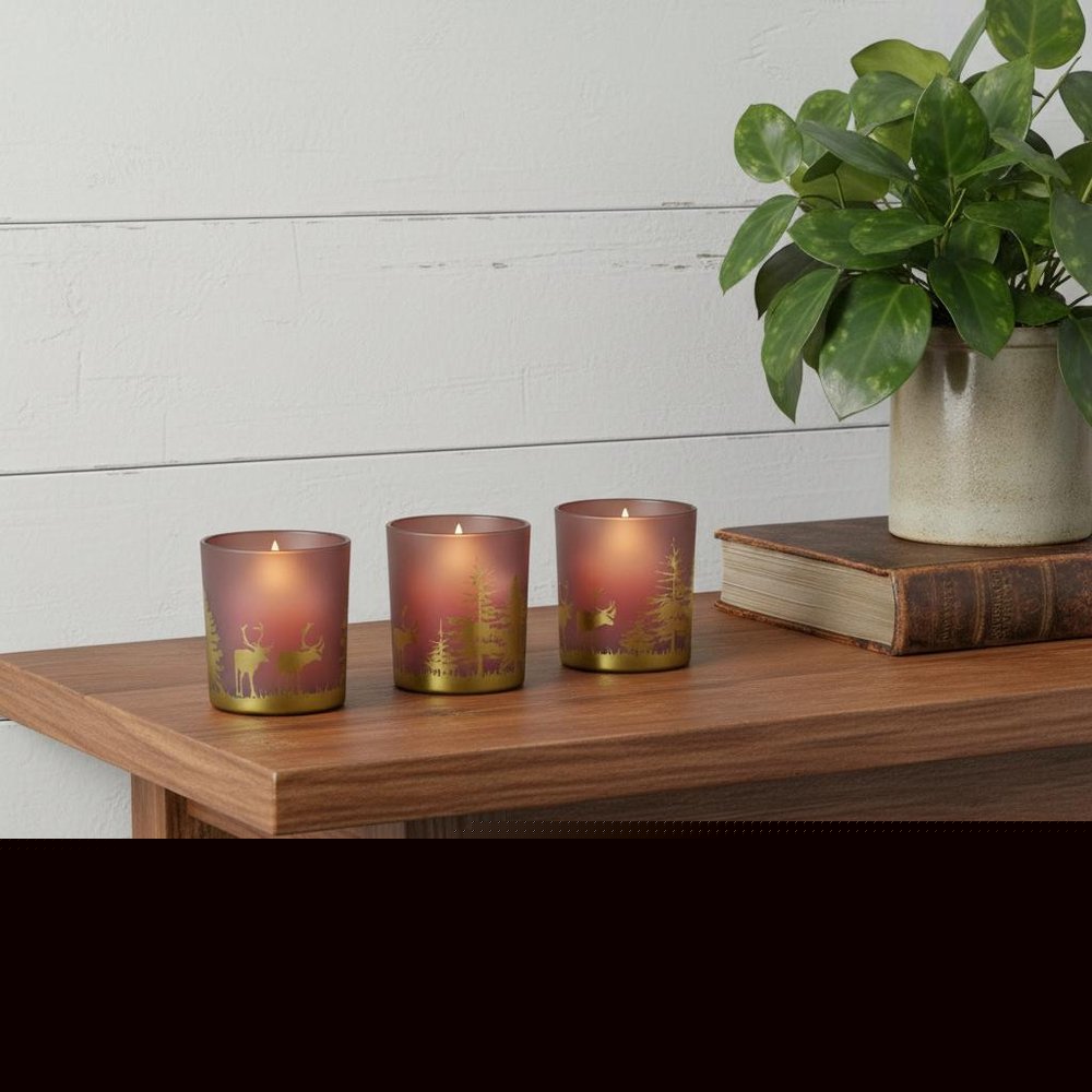 Set of Three Red And Gold Distressed Abstract Glass Tabletop Votive Candle Holders HomeRoots