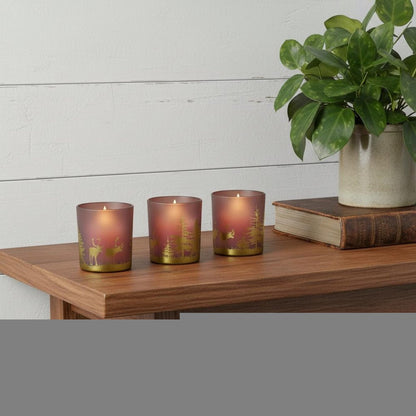 Set of Three Red And Gold Distressed Abstract Glass Tabletop Votive Candle Holders HomeRoots