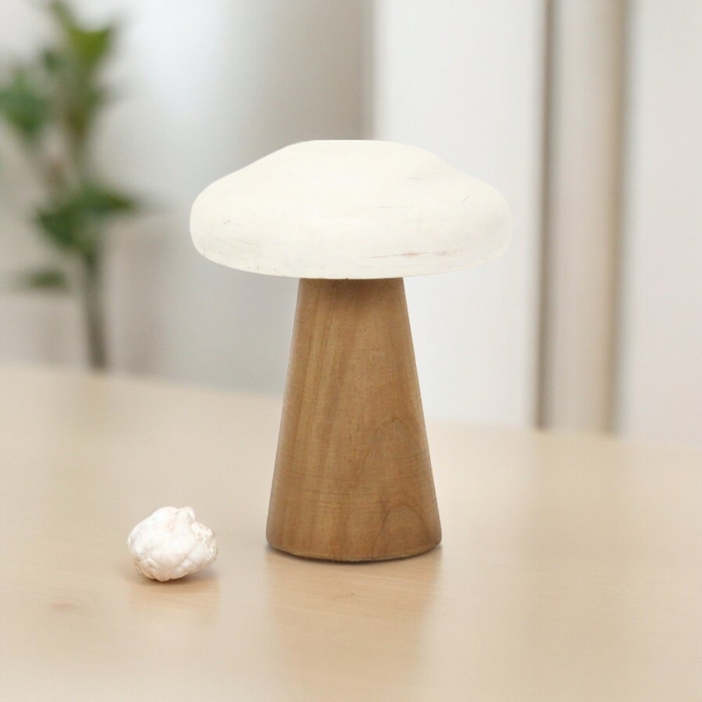 7" Brown And White Wood Hand Painted Mushroom Tabletop Sculpture HomeRoots