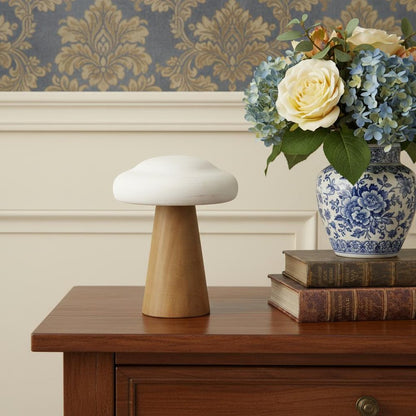 7" Brown And White Wood Hand Painted Mushroom Tabletop Sculpture HomeRoots