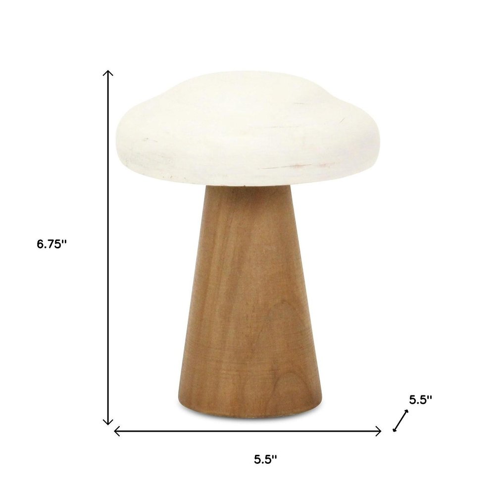7" Brown And White Wood Hand Painted Mushroom Tabletop Sculpture HomeRoots