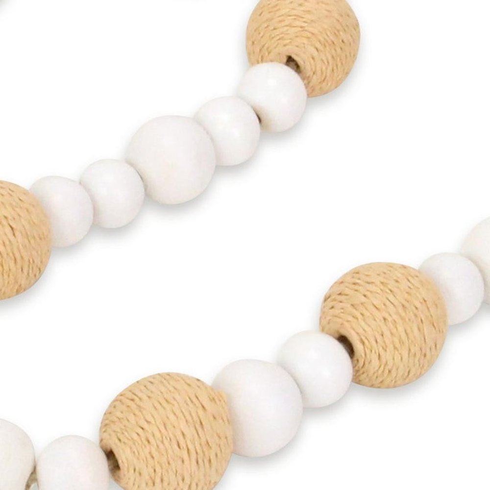 38" White And Natural Wood And Fabric Hand Painted Decorative Tassel HomeRoots