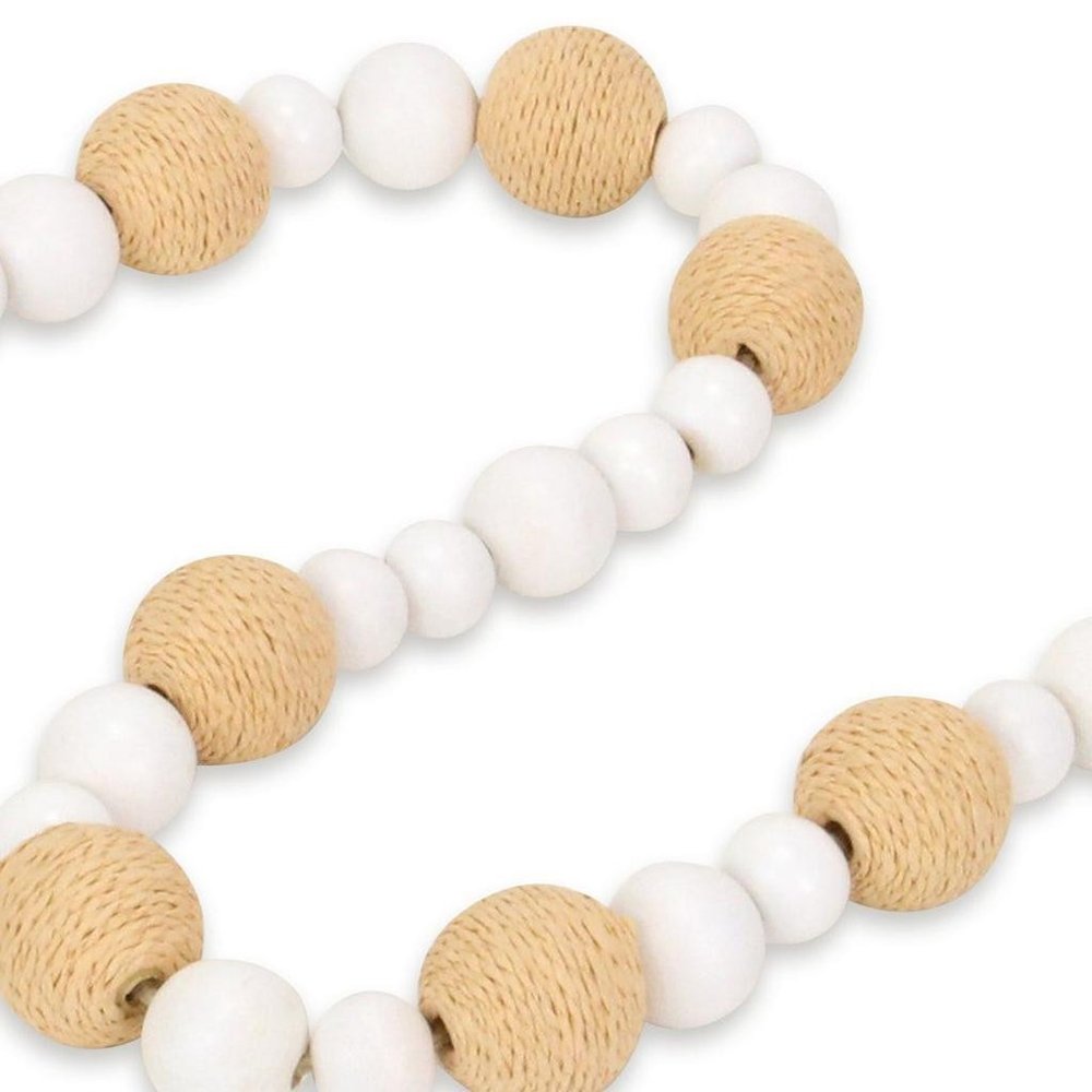 38" White And Natural Wood And Fabric Hand Painted Decorative Tassel HomeRoots