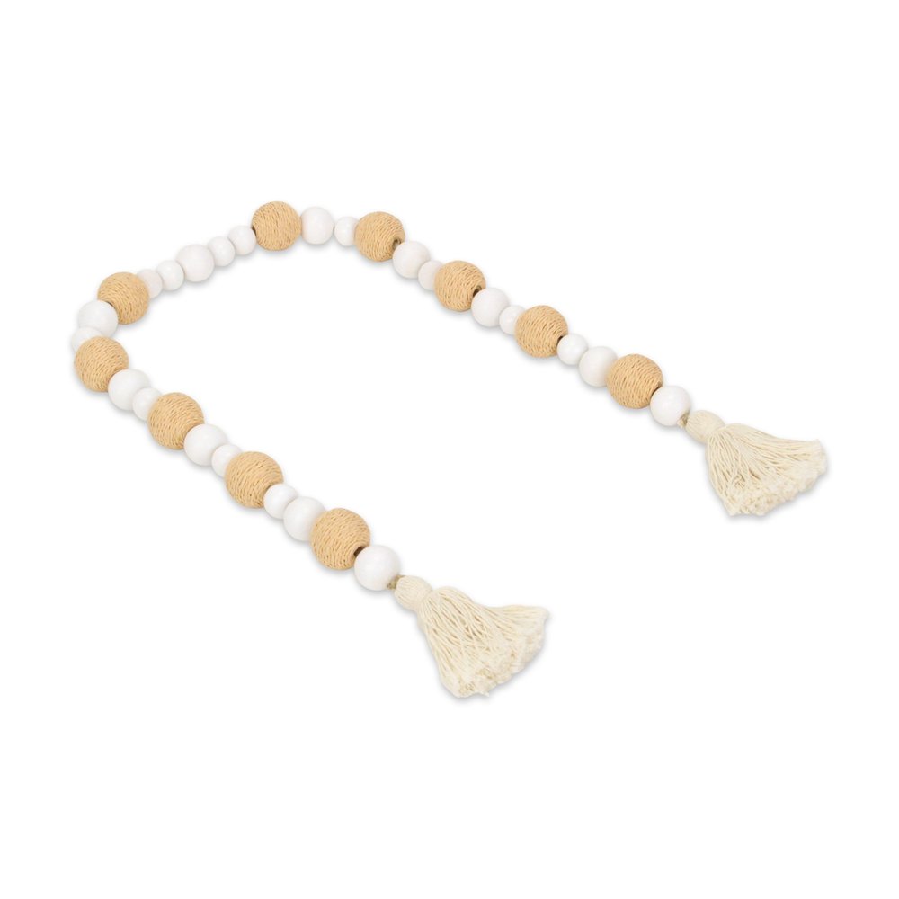 38" White And Natural Wood And Fabric Hand Painted Decorative Tassel HomeRoots