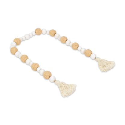 38" White And Natural Wood And Fabric Hand Painted Decorative Tassel HomeRoots