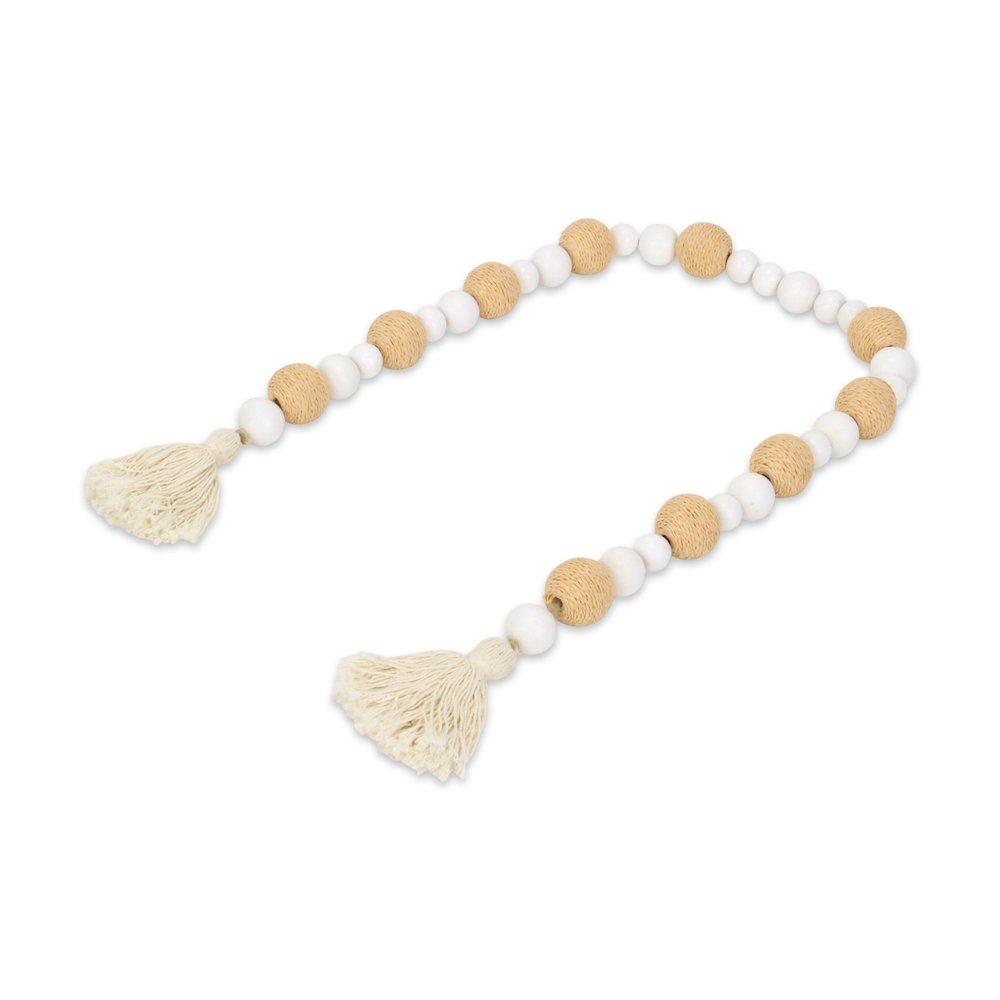 38" White And Natural Wood And Fabric Hand Painted Decorative Tassel HomeRoots