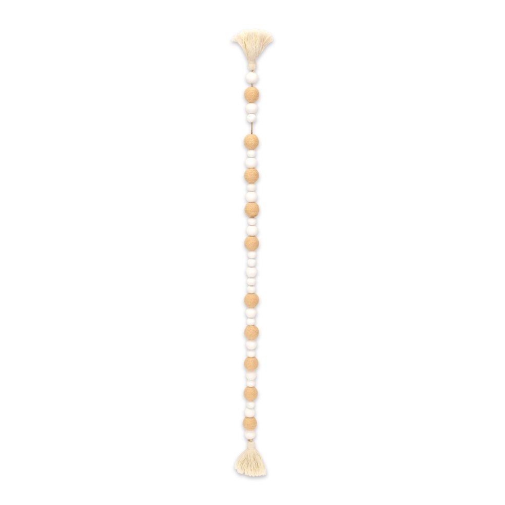 38" White And Natural Wood And Fabric Hand Painted Decorative Tassel HomeRoots