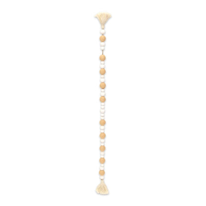 38" White And Natural Wood And Fabric Hand Painted Decorative Tassel HomeRoots