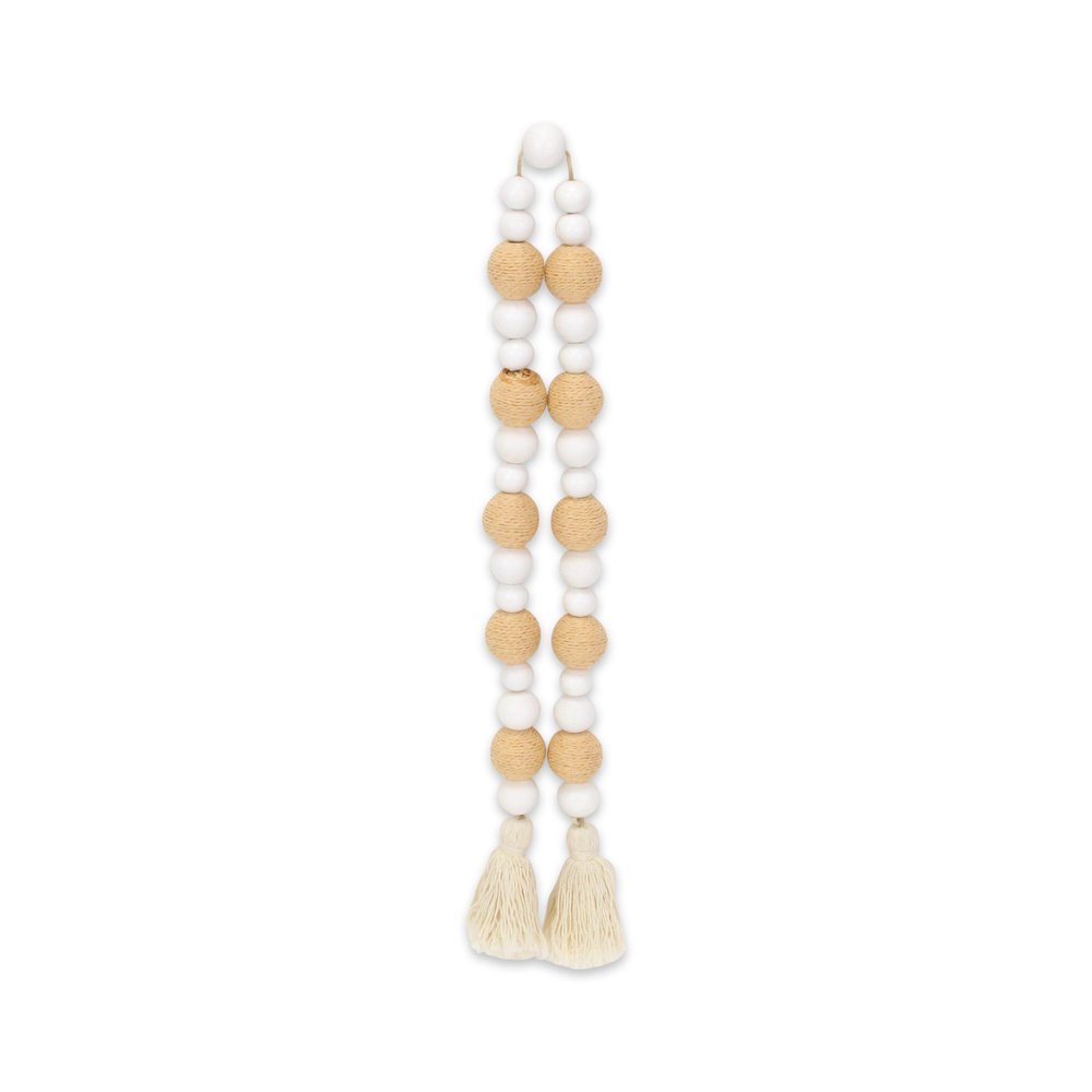 38" White And Natural Wood And Fabric Hand Painted Decorative Tassel HomeRoots