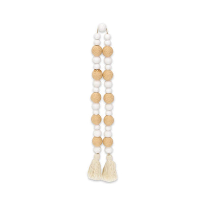 38" White And Natural Wood And Fabric Hand Painted Decorative Tassel HomeRoots