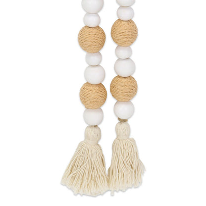 38" White And Natural Wood And Fabric Hand Painted Decorative Tassel HomeRoots