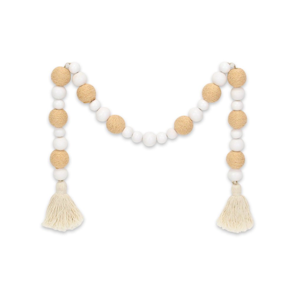 38" White And Natural Wood And Fabric Hand Painted Decorative Tassel HomeRoots