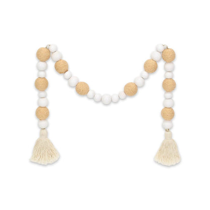 38" White And Natural Wood And Fabric Hand Painted Decorative Tassel HomeRoots