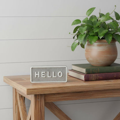 4" Gray And White Galvanized Metal Hello Hand Painted Tabletop Sign HomeRoots