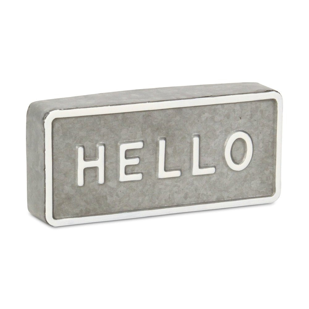 4" Gray And White Galvanized Metal Hello Hand Painted Tabletop Sign HomeRoots