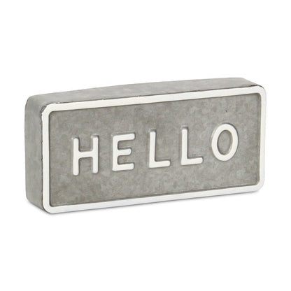 4" Gray And White Galvanized Metal Hello Hand Painted Tabletop Sign HomeRoots