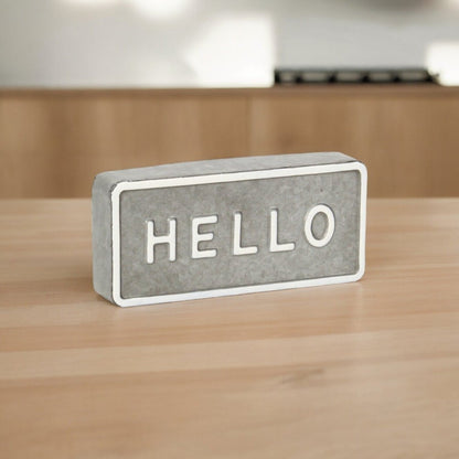 4" Gray And White Galvanized Metal Hello Hand Painted Tabletop Sign HomeRoots