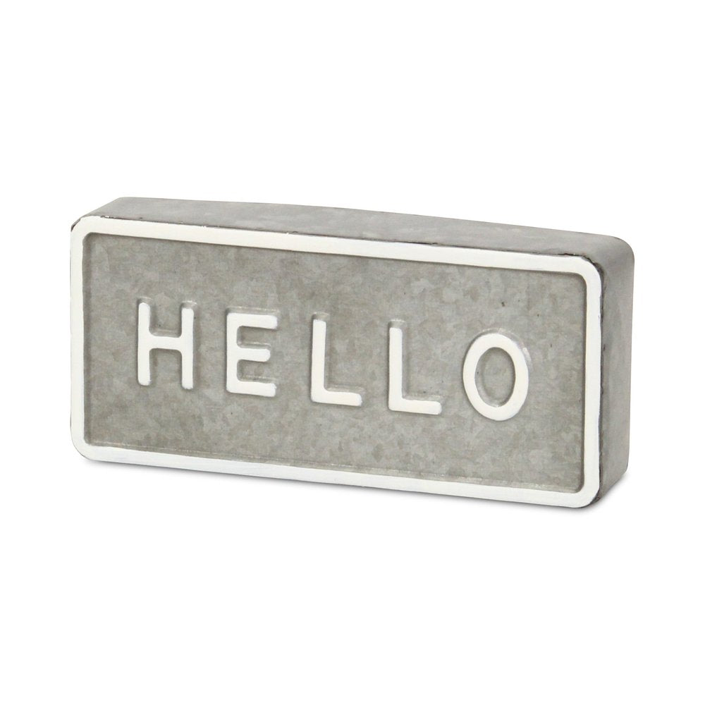 4" Gray And White Galvanized Metal Hello Hand Painted Tabletop Sign HomeRoots