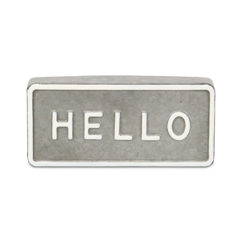 4" Gray And White Galvanized Metal Hello Hand Painted Tabletop Sign HomeRoots