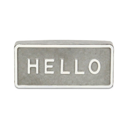 4" Gray And White Galvanized Metal Hello Hand Painted Tabletop Sign HomeRoots