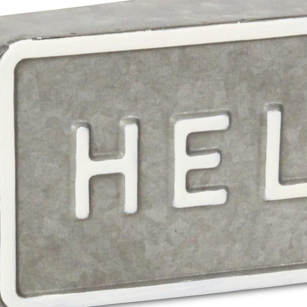 4" Gray And White Galvanized Metal Hello Hand Painted Tabletop Sign HomeRoots
