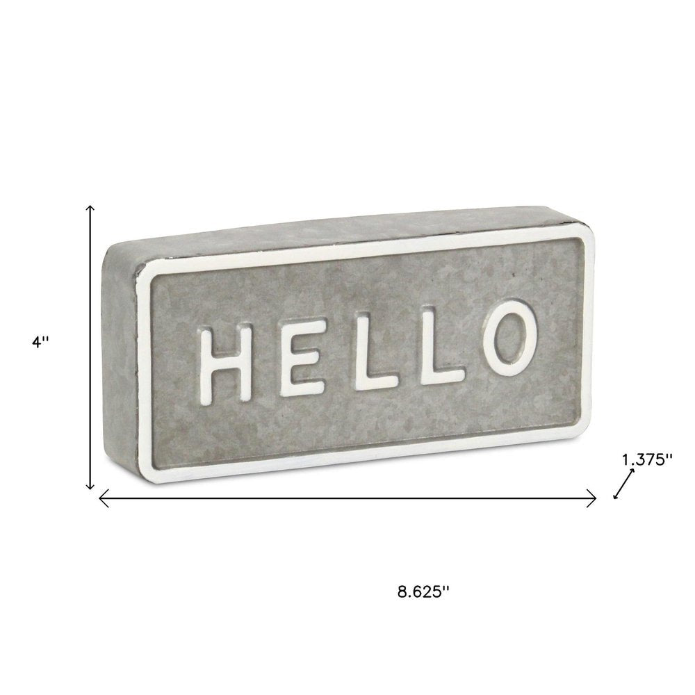 4" Gray And White Galvanized Metal Hello Hand Painted Tabletop Sign HomeRoots