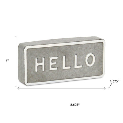 4" Gray And White Galvanized Metal Hello Hand Painted Tabletop Sign HomeRoots
