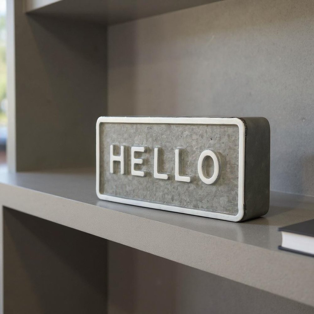 4" Gray And White Galvanized Metal Hello Hand Painted Tabletop Sign HomeRoots