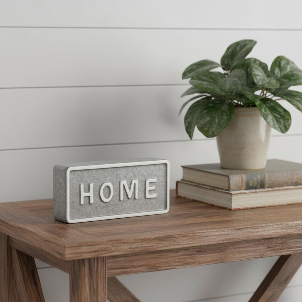 4" Gray And White Metal Home Hand Painted Tabletop Sign HomeRoots