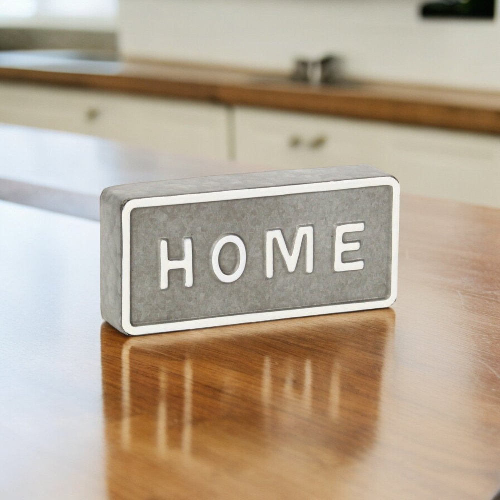 4" Gray And White Metal Home Hand Painted Tabletop Sign HomeRoots