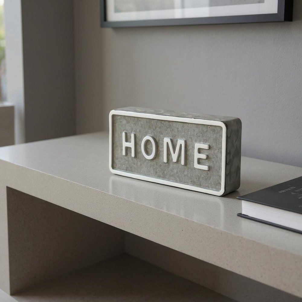 4" Gray And White Metal Home Hand Painted Tabletop Sign HomeRoots