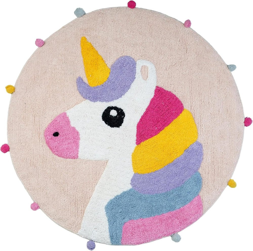 32" Pink And Yellow Cotton Unicorns Round Youthful Bath Rug — view 1