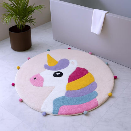 32" Pink And Yellow Cotton Unicorns Round Youthful Bath Rug HomeRoots
