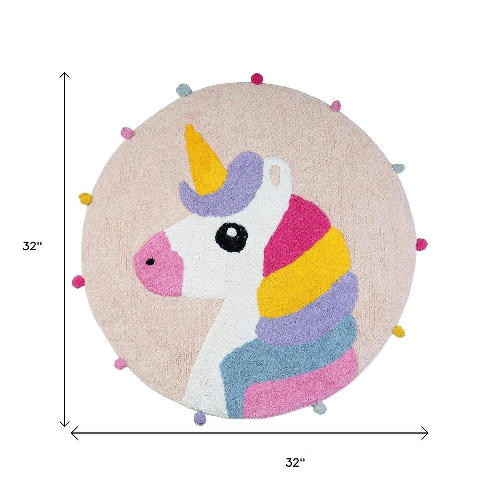 32" Pink And Yellow Cotton Unicorns Round Youthful Bath Rug — view 2